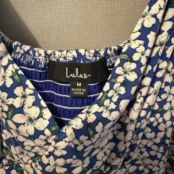NWT Lulus Grateful Feelings Blue Floral Print Puff Sleeve Mini Dress Medium - Picture 6 of 8
